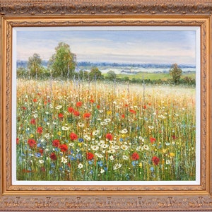 Framed French Oil Painting, Gorgeous Spring Flower Field, Signed by H Lee, Impressionism Landscape Oil Painting, Korean Art Collection