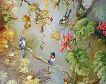 Stretched Original Oil Painting, Signed Korean Artist L Richard, Wild Birds Portrait