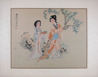 Vintage Asian Watercolor on Silk Art, Oriental Painting on Silk Paper, Old Ancient Chinese Beauties, Vintage Chinese Painting