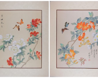 Pair of Asian Watercolor on Silk Paper / Oriental Painting on Silk / Vintage Chinese Painting / Spring Butterflies on the Red Flowers