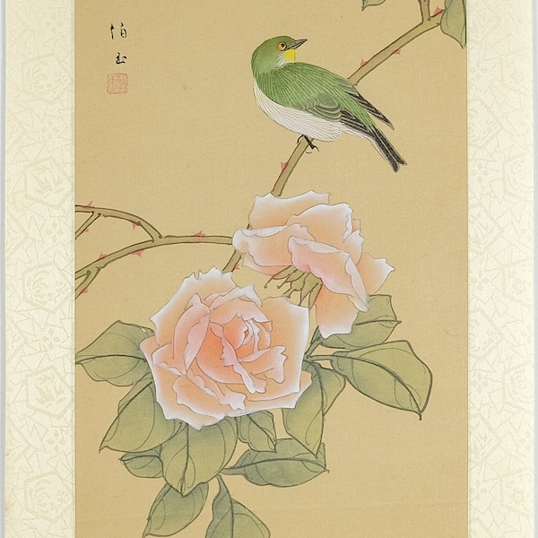 Vintage Asian Watercolor, Beautiful Pink Rose and Green Bird, Oriental Chinese Painting on Silk Paper