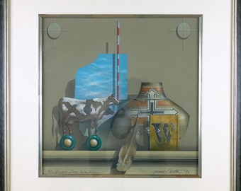 Ingelijste zeefdruk, ondertekend door James Carter, originele vintage print, westerse print, klaar om op te hangen