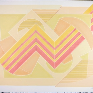 May include: A horizontal print featuring geometric shapes in shades of peach, yellow, and coral. The composition includes a central chevron pattern, layered circles, and rectangular forms with fine line detailing. The artist signature is in the corner.