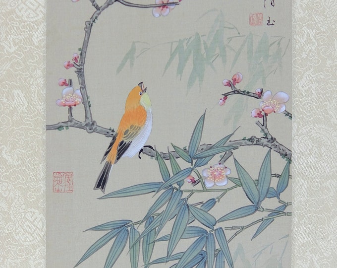 Vintage Chinese Watercolor on Silk, Oriental Painting, Asian Plum Blossoms and Orange Bird