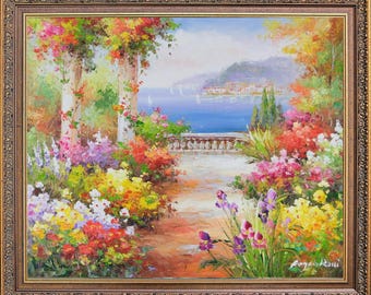 Framed Oil Painting on Canvas, Mediterranean Seaside, Signed by A Rossi, Ready to Hang