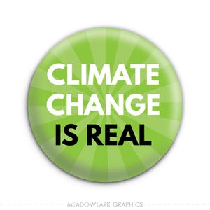 May include: Green button with a white sunburst design. The text "CLIMATE CHANGE IS REAL" is printed in black and white.