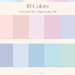 Pu&ograve; includere: Un set di 10 fogli di carta rigata stampabili in formato A4 e Letter, in diversi colori. I colori includono rosa, azzurro, blu, verde e lilla chiaro. La carta presenta diversi stili di righe, tra cui griglia, righe e bianco.