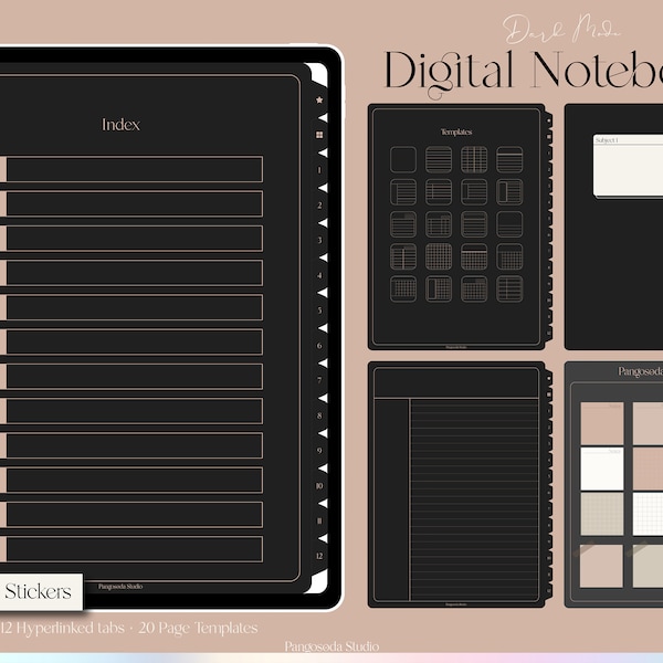 Dark Mode 12 Subject Hyperlinked Tab, Digital Notebook,Notability, Goodnotes Notebook, Goodnotes note taking template, Black Paper Templates