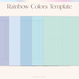 Pu&ograve; includere: Un modello stampabile con cinque colonne di carta rigata in diversi colori. I colori sono viola chiaro, azzurro, blu, azzurro e verde chiaro. Il modello &egrave; etichettato "Rainbow Colors Template".