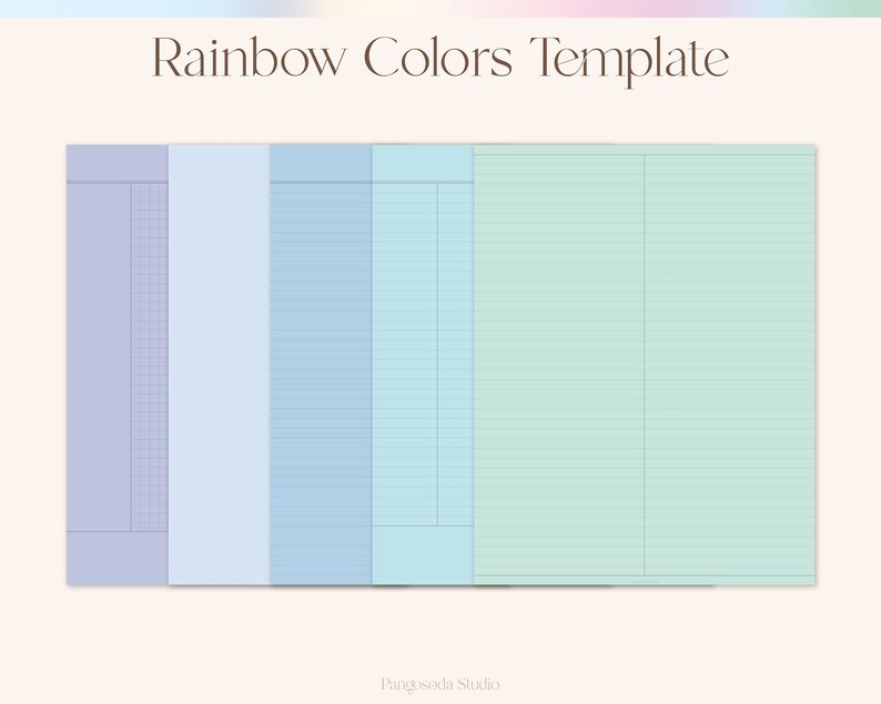 Pu&ograve; includere: Un modello stampabile con cinque colonne di carta rigata in diversi colori. I colori sono viola chiaro, azzurro, blu, azzurro e verde chiaro. Il modello &egrave; etichettato "Rainbow Colors Template".