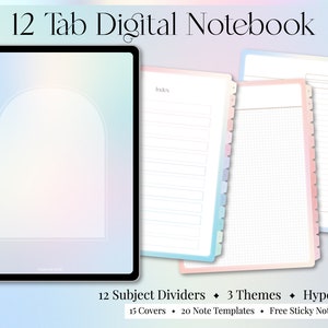 May include: A digital notebook with 12 tabs, 15 covers, 20 note templates, and free sticky notes. The notebook has a pastel rainbow gradient background with a white arch shape in the center. The text "Index" is visible on one of the tabs.