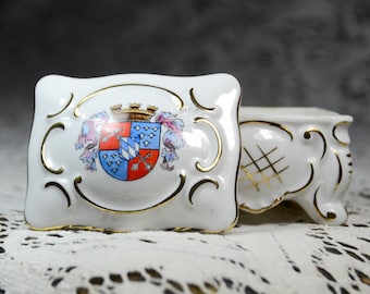Vintage German Porcelain Jewelry Box with Shield Crest: Gold Accent Trinket Keepsake #51157