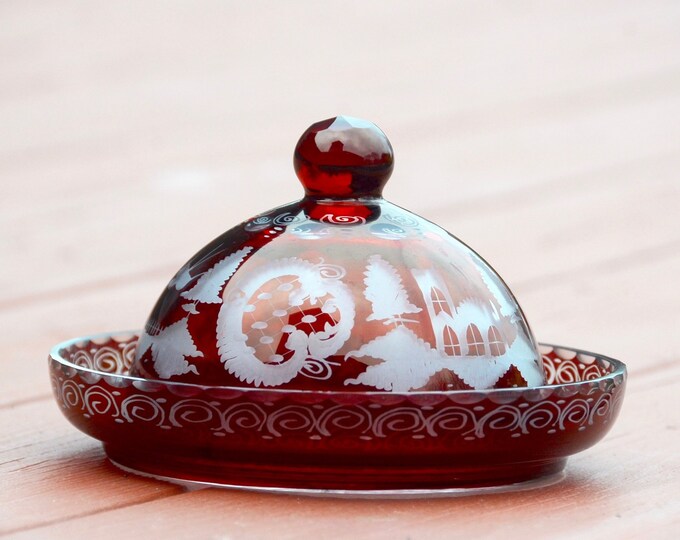 Crystal Covered Butter Dish/bavarian Cut to Clear Red Glass Etsy