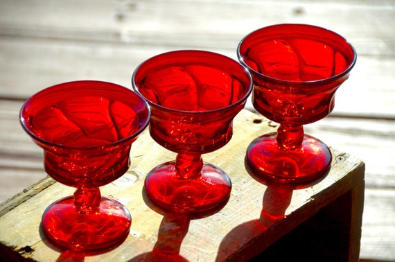 Fostoria Jamestown Swirl Red Dessert Glasses: Ruby Gem Glass Set of 3 #H4