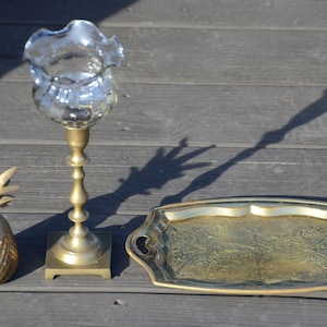 Brass Pineapple Box | Brass Candlestick Holder with Wavy Glass Insert | Small Brass Tray | Altar Set | Boho Decor #AA131