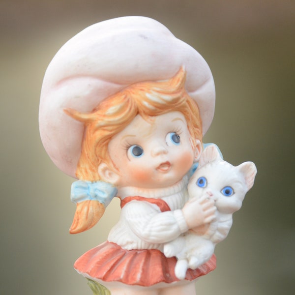 Vintage Ceramic Bisque Figurine of Strawberry Blonde Girl in Pink Bonnet Holding White Kitten | Like Strawberry Shortcake or Holly Hobbie