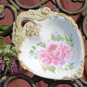 Hand-Painted Floral Heart Trinket Dish: Shabby Chic Cottage Decor | Valentine&#39;s Day Gift | Heart Decor | Victorian Heart Vanity Dish |#XX124