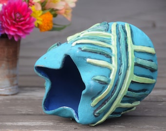 Geometrische keramische vaas | Blauwgroen, groen decor uit het midden van de eeuw #F
