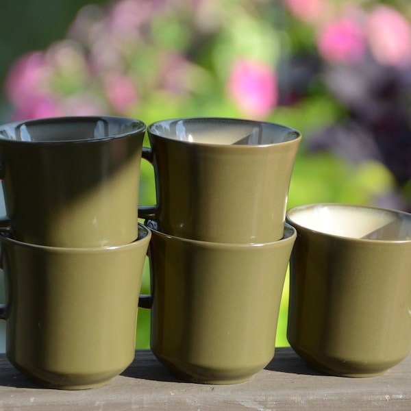 MOD Green Coffee Mugs | Premiere NuStone Dunes #7608 Japan Mugs | Retro Avocado Green Mugs | 1970s Green Coffee Cups