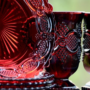 Avon Cape Cod RUBY RED Glasses, Plates, Cups | Gothic Wedding Goblets | Gothic Dark Red Black Dishes | Halloween Wedding | Dark Wedding