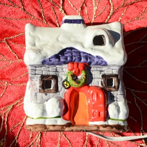 Vintage Made in Taiwan LIGHTED CHRISTMAS Cottage House with Snowy Roof, Wreath Over Door, Red/Orange Door|Lighted Christmas Village House#R4