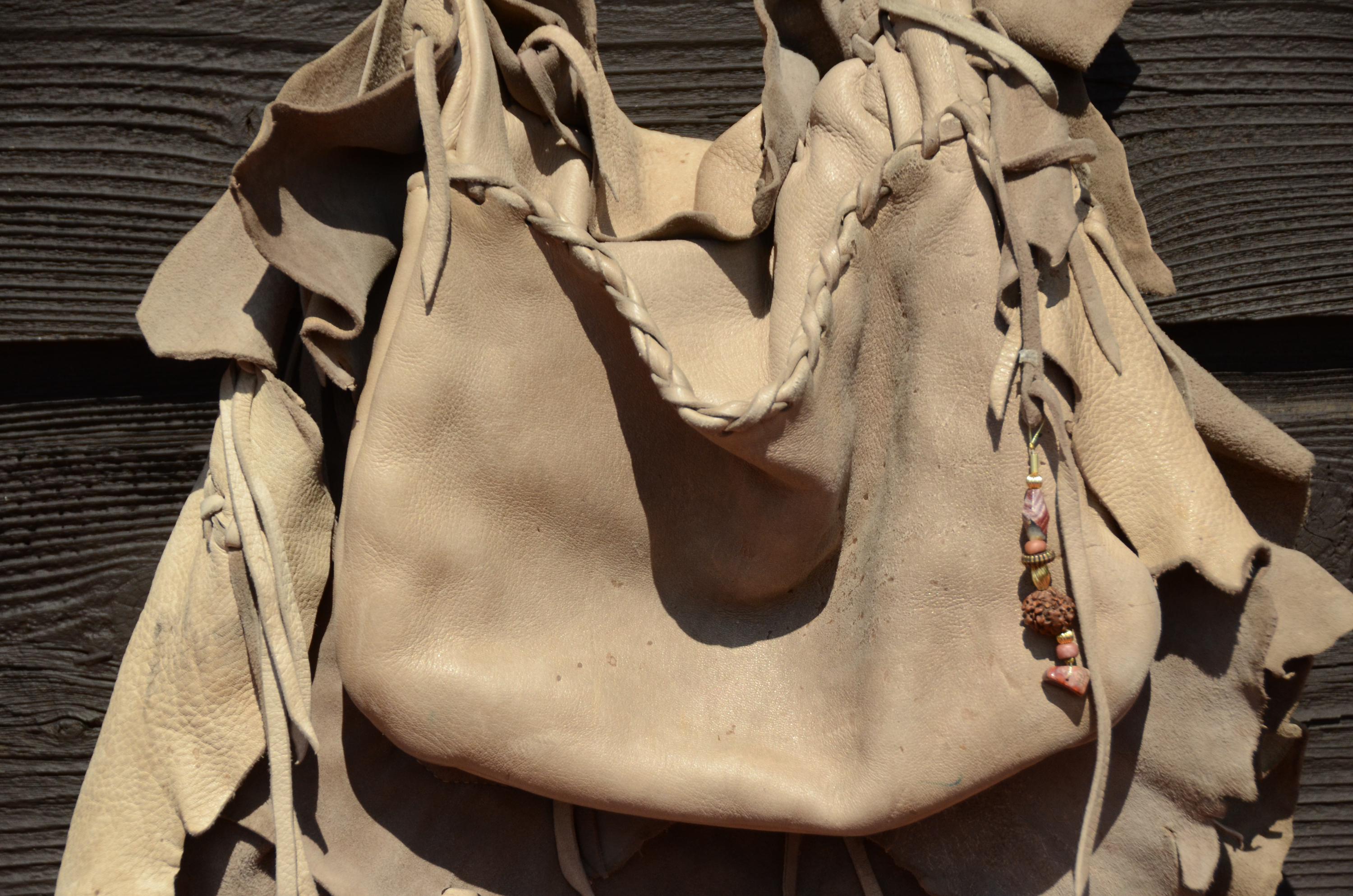 Erda Leather Crossbody Bag Camel Brown Handmade Maine Rustic Minimalist ERDA of Maine Crossbody Genuine Leather Handbag With Beads  main image 2