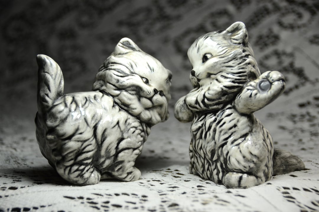 Vintage 1971 Ceramic Cat Figurines, Signed|playful Kitsch Kitties Decor ...