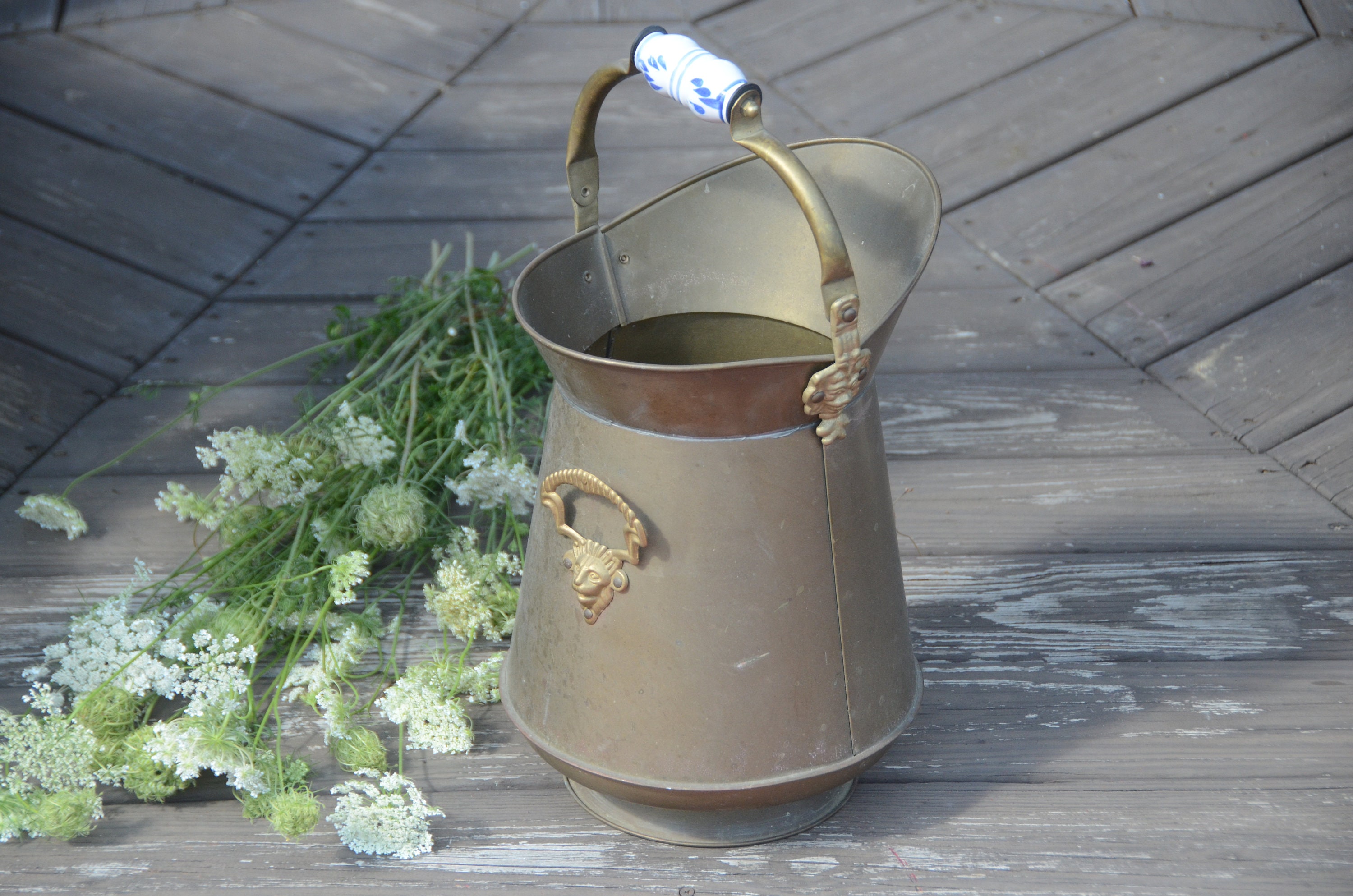 Old Brass Umbrella Bucket or Coal Scuttle With Delft Blue Etsy UK