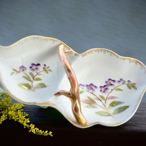 Hand Painted ANDREA TRINKET DISH | Handled Double-Sided Porcelain Dish | Purple Flowers or Violets | Divided Dish | Leaf-Shape | #i-124