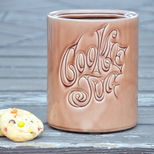 Puede incluir: Una jarra de galletas de cerámica marrón con las palabras "Cookie Jug" en relieve en la parte delantera. Dos galletas con chispas de colores están en primer plano.