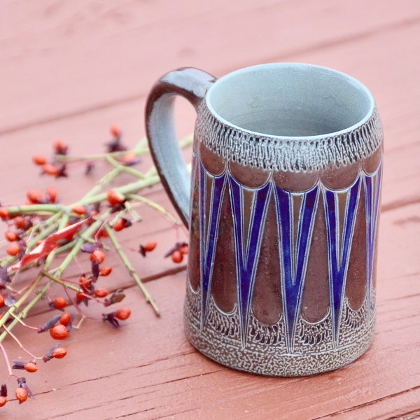 Handmade Danish-style MUG | Mid-Century Design Mug | Blue and Brown Geometric COFFEE CUP | Handarbeit Mug #G132