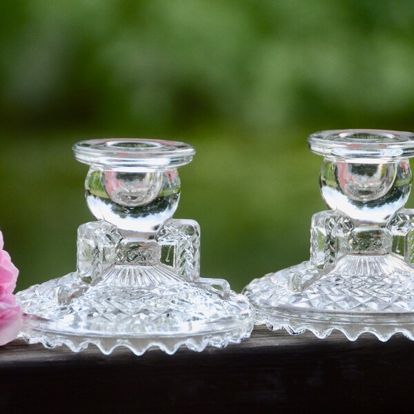 Antique Clear Glass Anchor Hocking Herringbone Winged Candle Holders | Art Deco Look Candle Holders | Sawtooth Edge #A10-02