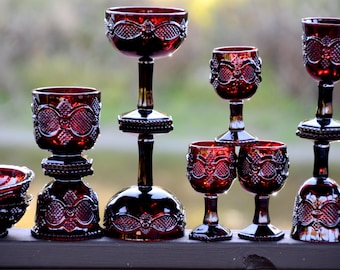 Avon Cape Cod Ruby Red Glassware: Vintage Gothic Dishes | Dark Red, Deep Red Goblets and Glasses | Cordial Glasses # A12