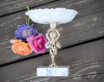 Vintage Cherub Pedestal Compote: Marble Base, Milk Glass Bowl | Shabby Chic Candy Dish with Angel Stand | #AA18