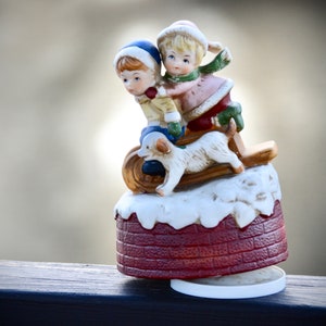 Vintage Kids on Sled Revolving Music Box | We Wish You a Merry Christmas | Music Box Children Sledding with Dog|Snow Scene Music Box 71-P125