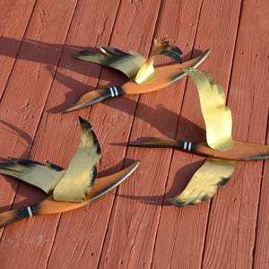Mid Century Modern Flying Geese Trio Wall Hanging Wood and Brass