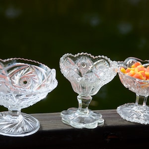 Cut Glass CANDY DISHES | Antique Clear Glass Compotes Set of Three | Christmas Candy / Nut Dishes | Wedding Candy Dishes