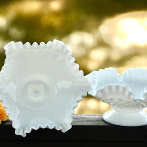 PAIR of Fenton Hobnail White Ruffled Candle Stick Holder Bowls | Cottage Chic Candlestick Holders|Christmas, Wedding, Rustic Farmhouse Decor