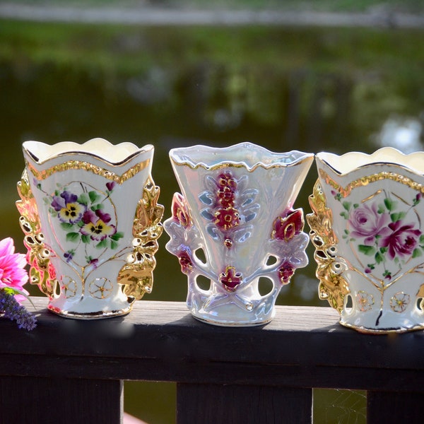 TRUMPET VASES | Hand Painted French Country Cottage Vases | Vieux Old Paris Porcelain | Rococo Vase | Old Bridal Vase | Shabby Chic #P300