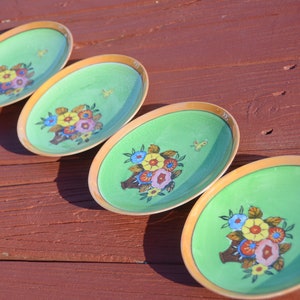 Antique JAPAN PORCELAIN Green Floral Saucers Cherry Blossom Backstamp Mark | Bright Lime Green Plates |Sour Apple Antique Small Plates|#B131