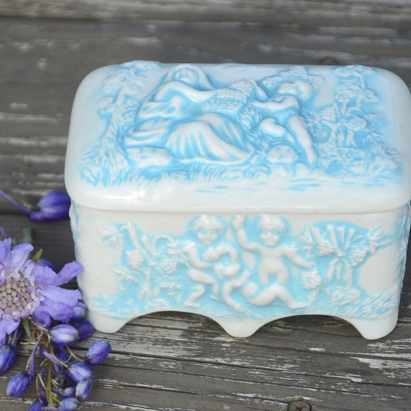 Victorian Jewelry Box | Blue White Jewelry Box | Mother and Children Gathering Crops Scene | Grecian Jewelry Casket |Gifts for Mothers #F51