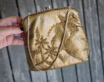 1980 Gold Beaded EVENING PURSE / Hand Made Purse Hong Kong / Vintage Gold Peraded Handbag #R9