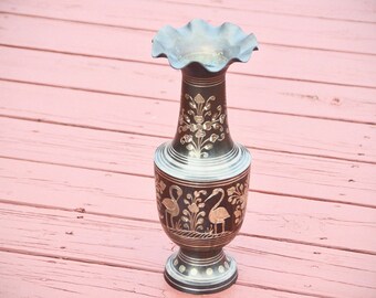 SOLID BRASS Huge VASE | Etched Brass Large Vase Made in India | Birds Brass Vase | Boho Decor | Very Large Boho Black and Gold Metal Vase|#F