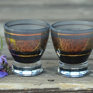 Mid-Century Smoke Gray Shot Glasses with Gold Pattern: MCM Barware | 1960s Barware | Cordial Glasses Mid Century Smokey |Liquor Glasses #G56