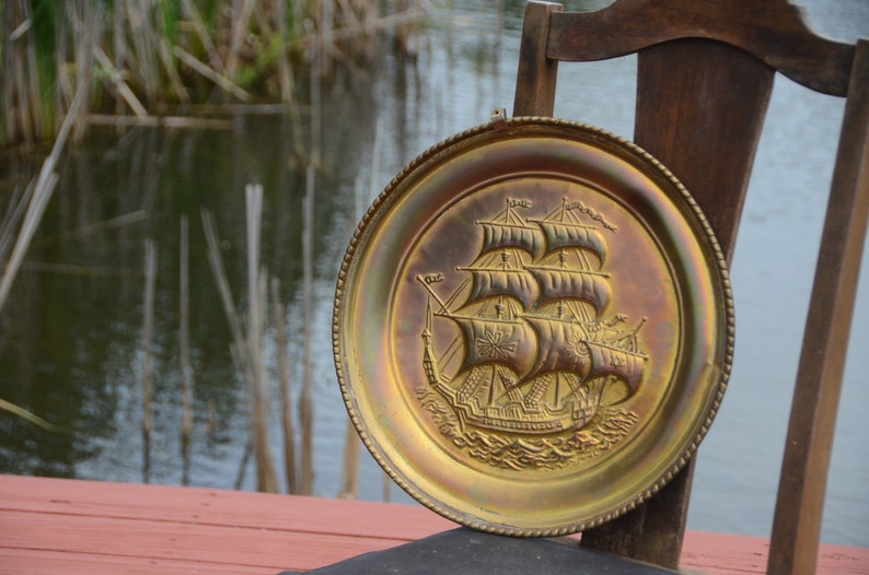 Vintage Brass Boat Wall Hanging Large Plate Nautical Decor Etsy