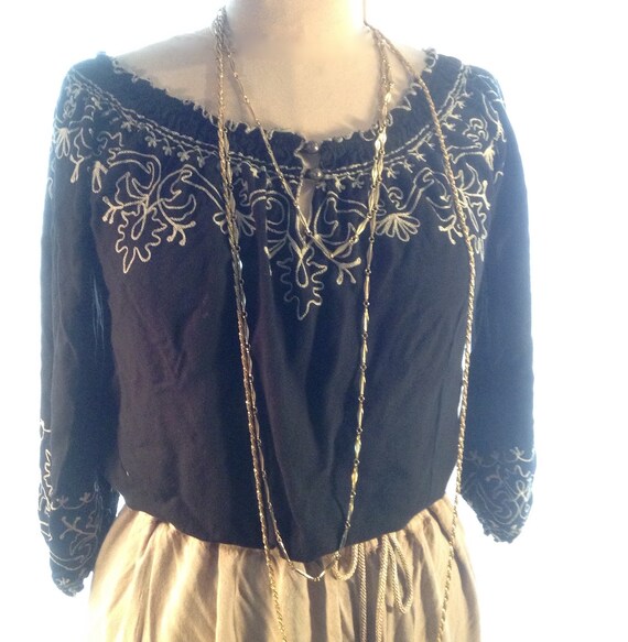 Vintage Boho/ Tan-Gold Tiered Skirt/Black Peasant… - image 8
