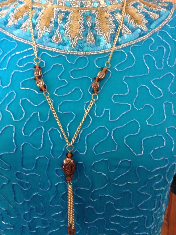 Tourquoise Silk & Beaded Dress/ Gold Design Trim Gem