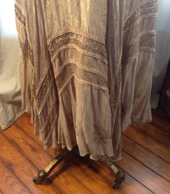 Vintage Boho/ Tan-Gold Tiered Skirt/Black Peasant… - image 1