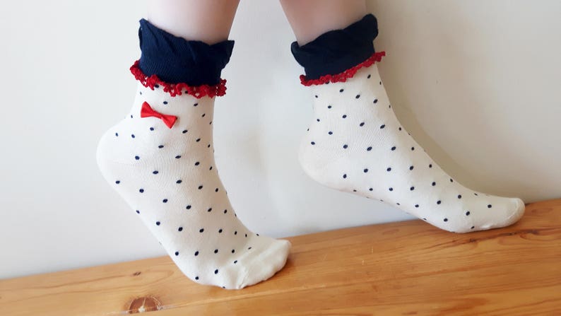 Lace Trim Ankle SocksRuffledChristmas GiftPolka DotCottonHandmadeCasual SocksFree SizeIn 4 colors: White /& Navy Blue Grey Black