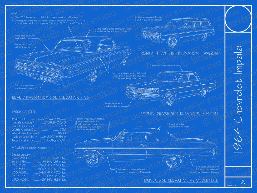 1964 Chevrolet Impala Blueprint Poster 18"x24" (digital Image File) - Etsy